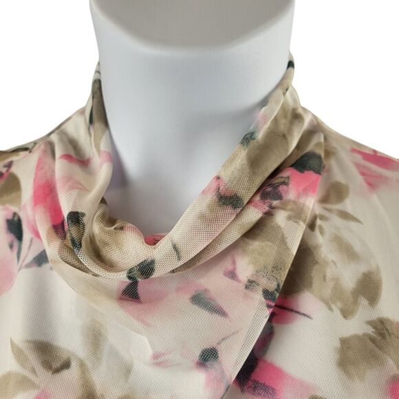 NEW Vince Camuto Large Mesh Mock Neck Sleeveless Blouse Pink White Petal Print - Picture 7 of 10